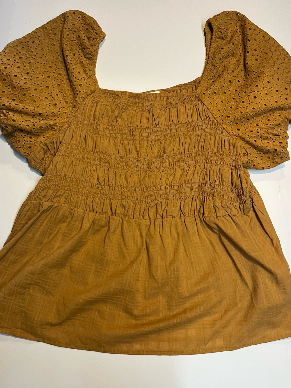 Maurices Mustard Smocked Eyelet Puff Sleeve Top